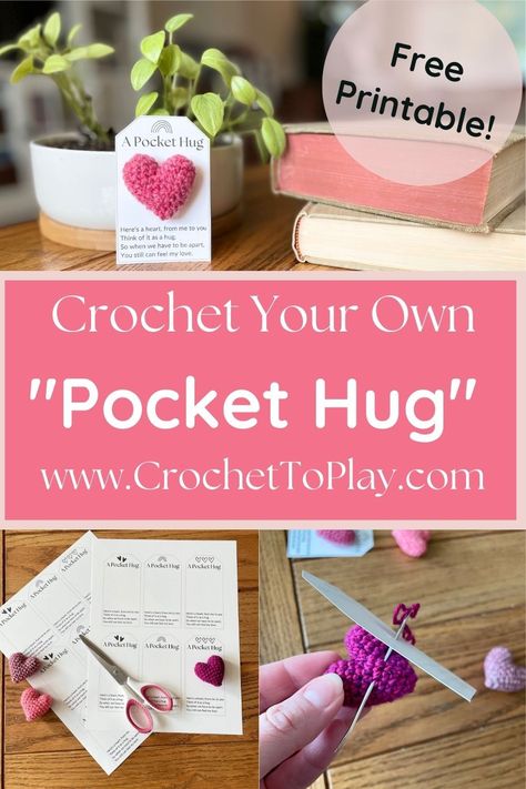 Print your own Pocket Hugcards for Valentine's Day or anytimePDFs are free in two sizes and can be combined with a free crochet heart pattern as well. Crochet Pocket Hug Heart Pattern, Pocket Hugs Diy Crochet, Pocket Hug Free Printable, Pocket Heart Crochet, Crochet Pocket Hug Heart, Pocket Hugs Crochet Pattern, Crochet Pocket Hugs Free Pattern, Crochet Acts Of Kindness Patterns, Crochet Pocket Hug Pattern