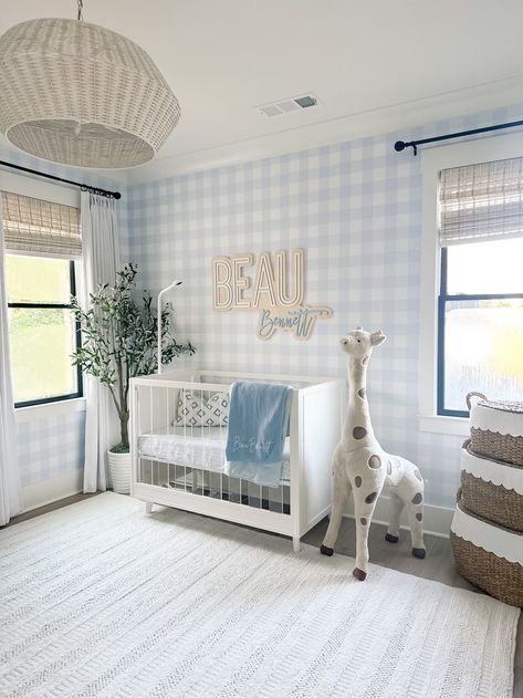 Jess's Nursery Sneak Peak Playroom For Newborn, Grand Millennial Nursery, Blueberry Nursery, Blue Gingham Wallpaper, Minimalistic Nursery, Gingham Nursery, Preppy Baby Boy, Light Blue Nursery, Boy Nursery Design