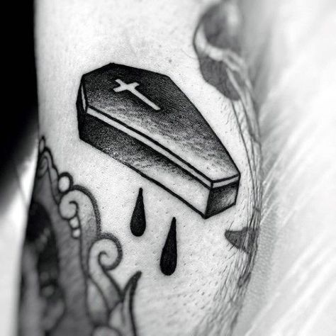 Casket Tattoo Design, Inverted Cross Tattoo, Small Coffin Tattoo, Coffin Tattoo Ideas, Traditional Tattoo Coffin, Casket Tattoo, Coffin Tattoo Design, Teardrop Tattoo, Coffin Tattoo