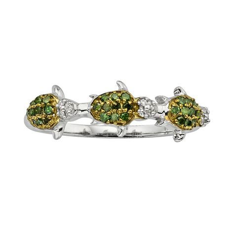 Sterling Silver Two-Tone 1/4-ct. T.W. Green and White Diamond Turtle Ring, Women's, Size: 6 Lantern Ring, Rings Green, Turtle Ring, Green Charms, Round Engagement, Turtle Jewelry, Tiny Turtle, Green Ring, Green Turtle