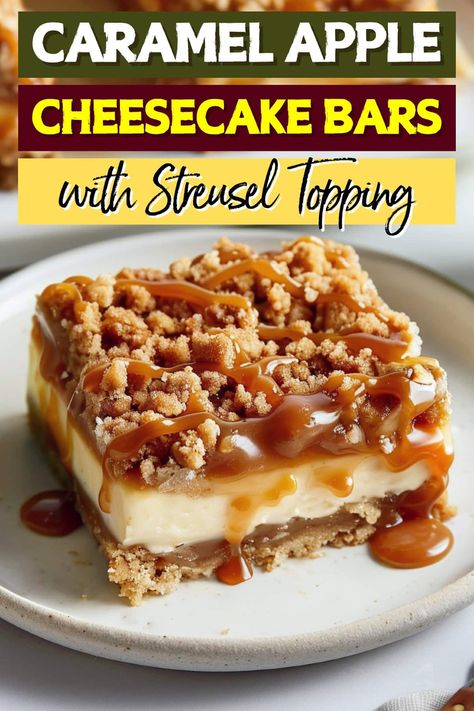 If you love apple orchards and cheesecake, these caramel apple cheesecake bars with streusel topping and caramel sauce are about to blow your mind. Caramel Apple Streusel Cheesecake, Carmel Apple Cheesecake Bars Recipe, Caramel Apple Crisp Cheesecake Bars, Caramel Apple Strudel Cheesecake, Caramel And Apple Desserts, Caramel Apple Blondie Cheesecake, Caramel Cheesecake Bread, Caramel Apple Bake, Caramel Apple Cheesecake Bars Paula Deen