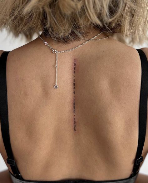 Spine Number Tattoo, Spine Verse Tattoo, Last Name Spine Tattoos, Dates Down Spine Tattoo, Date Spine Tattoo, Perspective Spine Tattoo, Coordinates Spine Tattoo, Roman Numeral Spine Tattoos For Women, Script Hip Tattoos Women