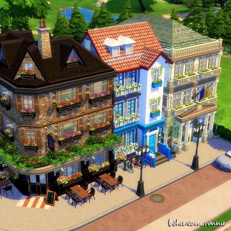 Sims 4 Commercial Builds, Syd Mac Sims 4 Builds, Sims 4 Public Places, Park Sims 4 Ideas, Sims 4 Row House, Sims 4 Library Ideas, Sims 4 Public Lots, Sims Apartment Building, Sims 4 Library Build