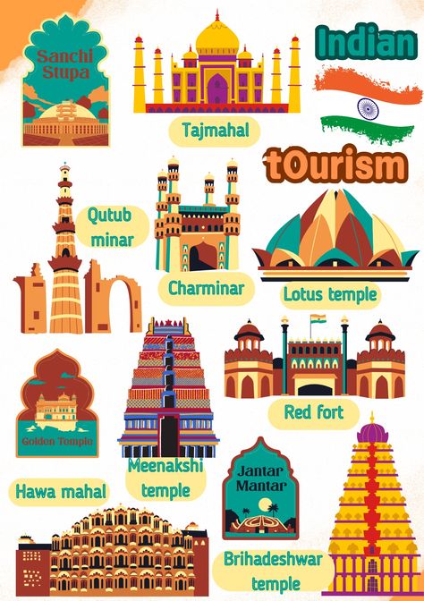 Indian tourism reflecting theme artwork 🎭🎨🖌️🧾 Indian Tourism, Sanchi Stupa, Tourism In India, Lotus Temple, Jantar Mantar, Red Fort, India Country, Golden Temple, Indian Temple