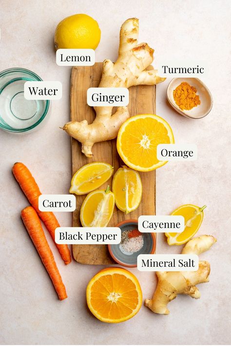 Lemon Ginger Wellness Shots Ginger Tumeric Shot Benefits, Lemon Ginger Shot Recipe, Digestion Shots, Herb Drinks, Lemon Ginger Shots, Immune Boosting Shots, Ginger Shots Recipe, Wellness Shots Recipe, Ginger Wellness Shots