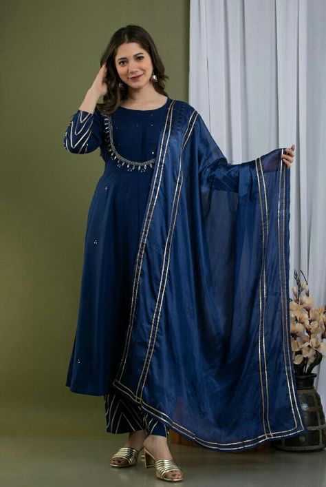 Partywear anarkali suit Navy Blue And Gold Suit, Silver Statement Jewelry, Gold Suit, Readymade Salwar Kameez, Cotton Anarkali, Bollywood Dress, Salwar Dress, Anarkali Kurti, A Line Kurta