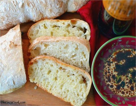 Slices of homemade ciabatta bread next to a dish of oil and balsamic for dipping. Fresh Baked Bread Recipe, Homemade Ciabatta, Homemade Ciabatta Bread, Dipping Bread, Ciabatta Bread Recipe, Bread Yeast, The Cozy Cook, Cozy Cook, Homemade Soft Pretzels