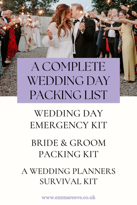 A complete packing list to be prepared for your wedding day, curated by award winning wedding planner Emma Reeve. #brideemergencykit #weddingdayemergencykit #weddingdaysurvivalkit #weddingplannerpackinglist #bridesurvivalkit Bride Packing List, Wedding Day Packing List, Wedding Packing List, Bride Survival Kit, Bride Emergency Kit, Wedding Packing, Wedding Emergency Kit, Wedding Planning Advice, Wedding Rehearsal