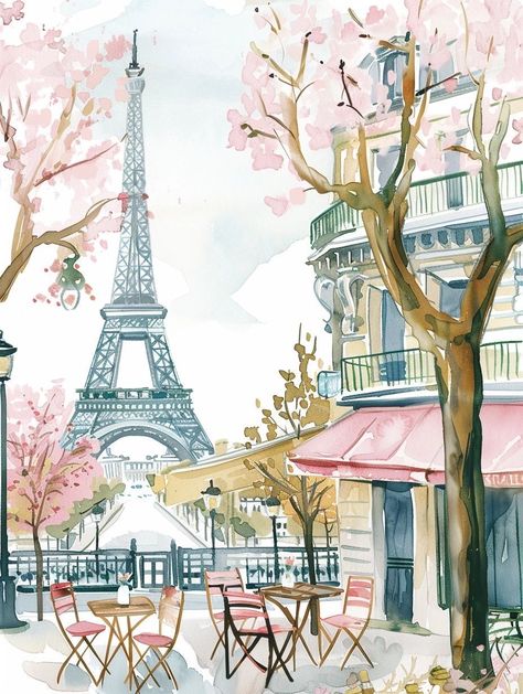 Paris Cafe Drawing, Paris Cafe Illustration, Paris Watercolor Painting, Paris Drawings, Eiffel Tower Watercolor, Paris Art Painting, Eiffel Tower Illustration, Watercolor Paris, Eiffel Tower Drawing