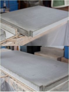 DIY Concrete Countertops Diy Concrete Countertops Kitchen, Diy Concrete Kitchen, Concrete Countertops Wood Cabinets, Concrete Countertops Outdoor Kitchen, Concrete Countertops Bathroom, Countertops Diy, Countertops Concrete, Concrete Countertops Outdoor, Outdoor Kitchen Countertops