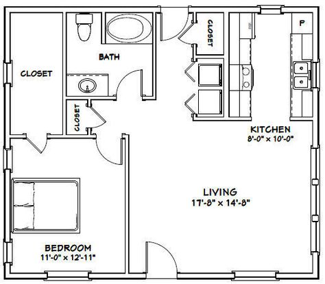 30X26 HOUSE -- 1 Bedroom 1 Bath -- 780 sq ft -- PDF Floor Plan -- Model 1B - $29.99 | PicClick 2 Bedroom Floor Plans, Garage Addition, Porch Floor, Small House Floor Plans, Tiny House Floor Plans, Closet Kitchen, Shed Homes, Floor Ceiling, Garage Plans