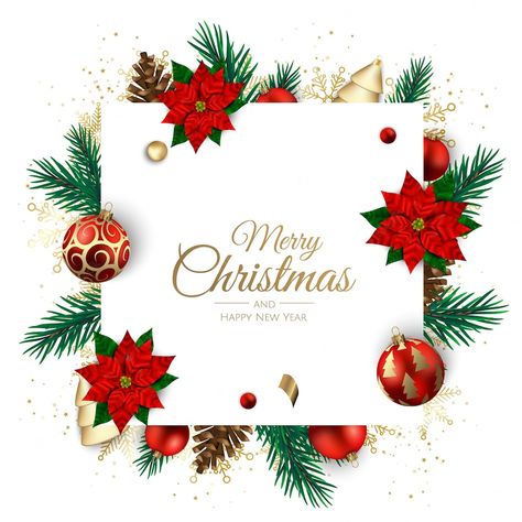 Premium Vector | Merry christmas and happy new year. xmas background with poinsettia, snowflakes, star and balls . greeting card, holiday banner, web poster Kartu Ucapan Natal Greeting Card, Letters Decoration Ideas, New Year Frame, Greeting Card Christmas, Merry Christmas Gif, Christmas Frame, New Year Banner, Christmas Border, Holiday Banner