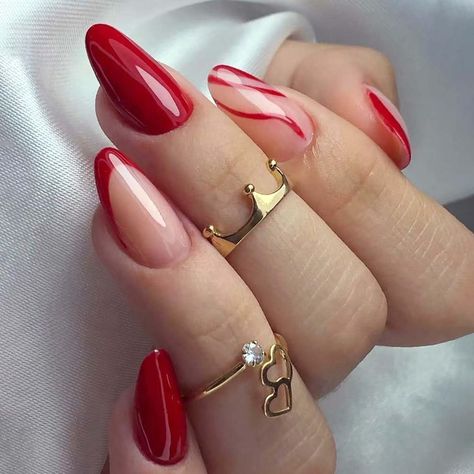 Red Almond Nails With Design, What Color Nails With Red Dress, Classy Round Nails, Stripe Acrylic Nails, Nails With Red, Line Nail Art, French Tip Press On Nails, Press On Nails Medium, Red French