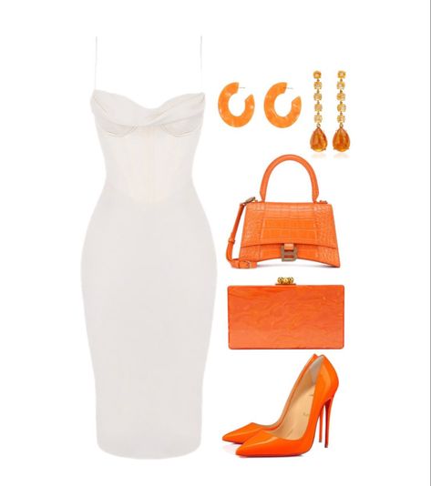 Orange Graduation Outfit, Orange Clutch Outfit, How To Style Orange Shoes, Shoes For Orange Dress, Orange Aesthetic Dress, White Orange Outfit, Orange White Outfit, White And Orange Outfit, Orange And White Outfits