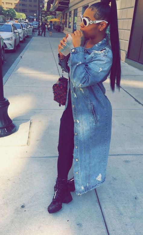 ✨ Go follow @blackgirlsvault for more celebration of Black Beauty, Excellence and Culture♥️✊ Long Jean Jacket Outfits Black Women, Blue Jean Jacket Outfits Black Women, Jacket Outfits Black Women, Jean Jacket Outfits Black, Long Jean Jacket Outfits, Jean Jacket Outfits Black Women, Long Denim Jacket Outfit, Blue Jean Jacket Outfits, Long Jean Jacket