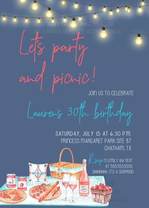 Night time boho picnic party invitaiton featuring a navy blue background, lit up string lights and boho watercolor picnic items. Customized party details go along the right-hand side. Picnic Invitations Template, Picnic Invite, Summer Birthday Party Invitations, Backyard Birthday Party, Dinner Party Invite, Picnic Invitations, Wedding Rehearsal Invitations, Backyard Gathering, Summer Birthday Invitations