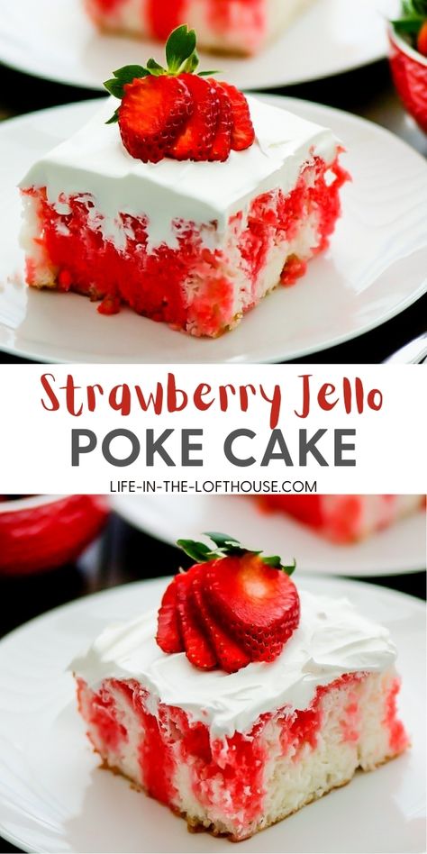 Strawberry Cake For Men, Strawberry Jello Poke Cake, Muffin Ideas, Strawberry Jello Cake, Jello Poke Cake, Whipped Cream And Strawberries, Poke Cake Jello, Small Excavator, Strawberry Poke Cakes