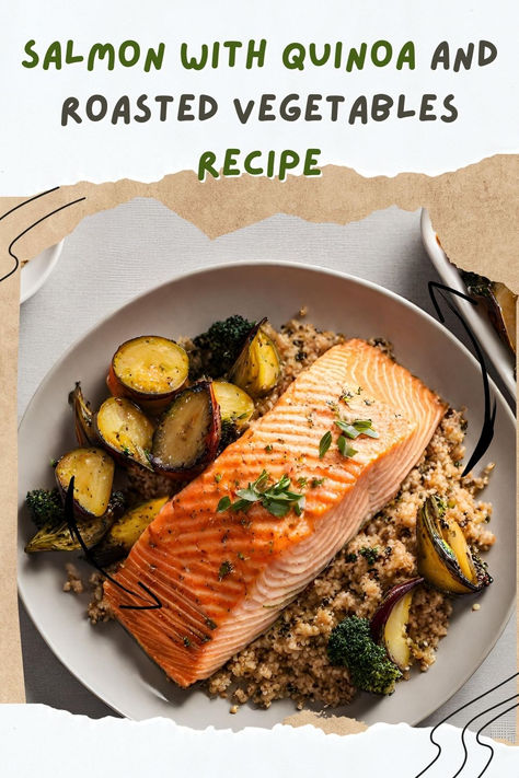 Fuel your day with this nutritious and delicious Salmon with Quinoa and Roasted Vegetables recipe! Packed with protein, healthy fats, and fiber, this balanced meal combines tender, flaky salmon with fluffy quinoa and perfectly roasted vegetables. Ideal for meal prep or a wholesome dinner, this dish is flavorful, easy to make, and perfect for a healthy lifestyle! Salmon With Quinoa, Easy Iftar Recipes, Roasted Vegetables Recipe, Dinners Under 500 Calories, Fluffy Quinoa, Salmon Quinoa, Iftar Recipes, Healthy Salmon, 500 Calories