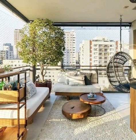 Big Balcony Decor, Rooftop Hammock, Small Balcony Design Apartments, Glass Balcony Ideas, Modern Balcony Design, Balcony Decoration Ideas, Balkon Decor, Balcony Decoration, Modern Balcony