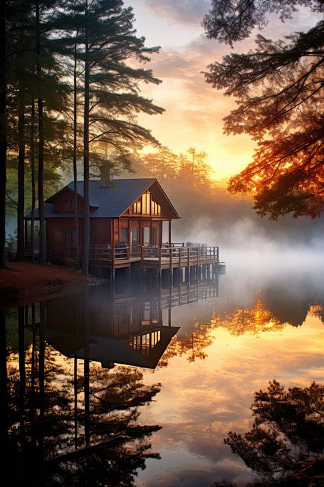 Cabin In Woods, Autumn Court, Little Cabin In The Woods, Lake Homes, Lakeside Cabin, Office Tv, Forest Cabin, Haus Am See, Reflection Photography