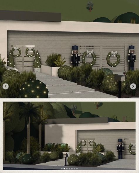 Bloxburg House With Gate, Bloxburg Garage Ideas Exterior, Bloxburg Mansion Entrance Ideas, Concrete House Bloxburg, Bloxburg Garage Ideas Realistic, Bloxburg Concrete House, Bloxburg Gated Community, Bloxburg Industrial House, Bloxburg Garage Ideas Aesthetic