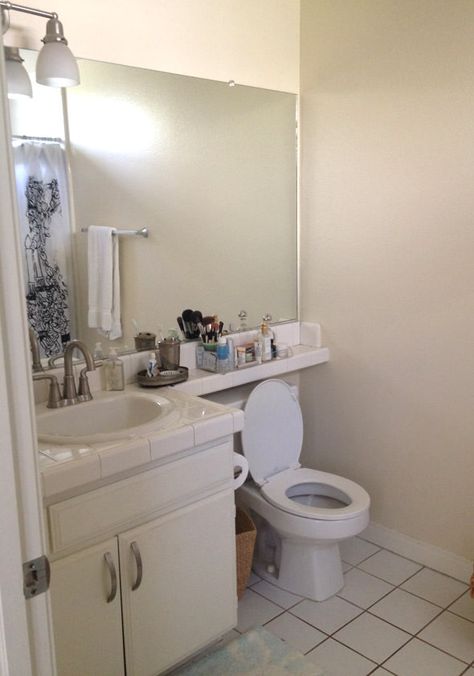 My Ugly Apartment Bathroom Makeover Part One Apartment Bathroom Makeover, Small Bathroom Remodel Cost, Apartment Bathroom Decor Ideas, Apartment Bathroom Decor, Bathroom Remodel Small Budget, Bathroom Renovation Cost, Bathroom Remodel Cost, Small Bathroom Renovation, Bathroom Remodel Tile