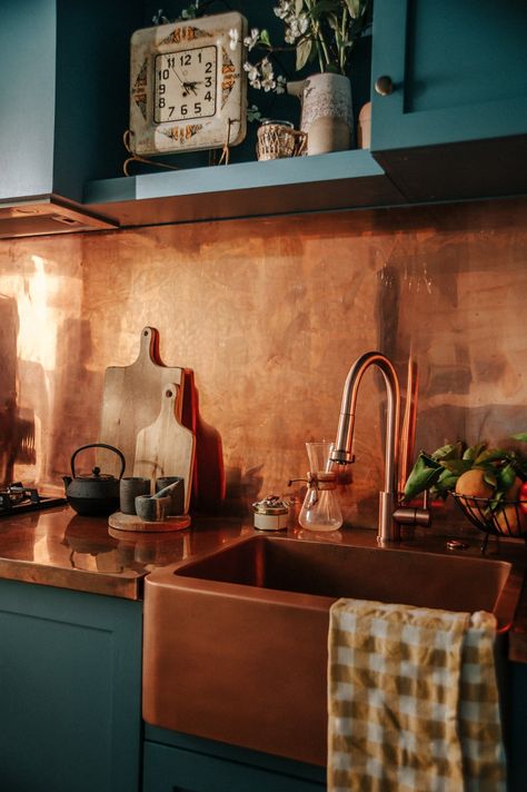 Copper And Green Kitchen, Avion Trailer, Airbnb Cottage, Bungalow Kitchen, Copper Faucet, Copper Backsplash, Master Kitchen, Green Kitchen Cabinets, Eclectic Kitchen