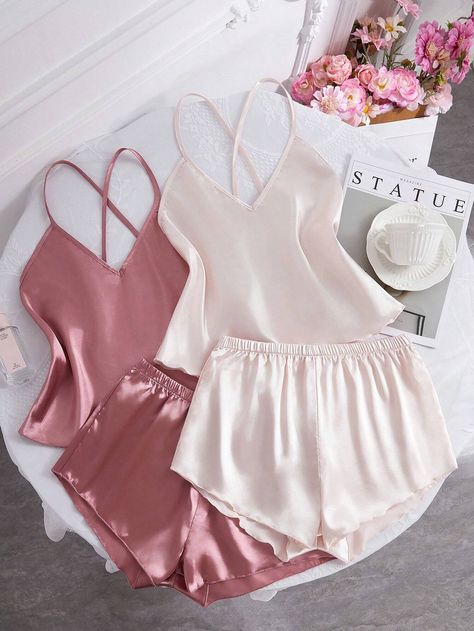 2 Sets Of Solid Color Silk-Like Camisole And Shorts Pajama Set With Large Open Back DesignI discovered amazing products on SHEIN.com, come check them out! Bachelorette Silk Pajamas, Two Piece Nightwear, Silk Pjs Aesthetic, Preppy Sleepwear, Silk Pajamas Aesthetic, Pastel Pajamas, Pajama Design, Silk Pj Set, Silk Pjs