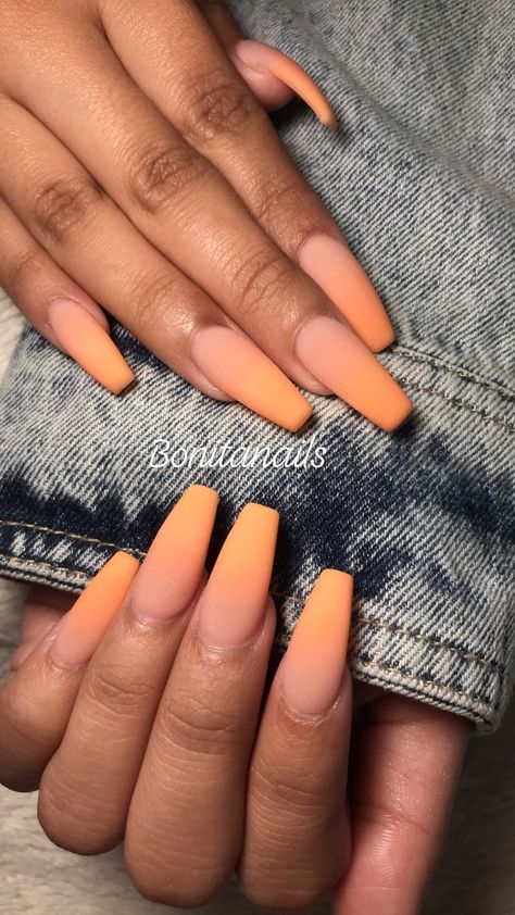 Matte orange nails coffin set Orange Nails Matte, Matte Orange Nail, Orange Nails Coffin, Orange Nails Ombre, Orange Coffin Nails, Orange Ombre Nails, Nails Orange, Orange Nail Polish, Matte Nails Design