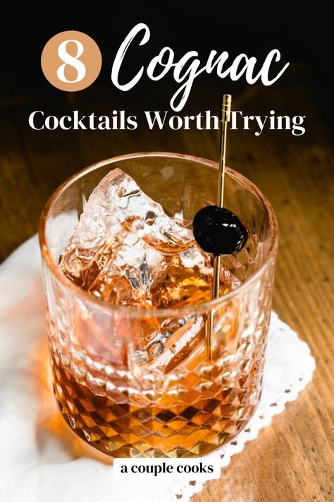 Here are the top Cognac cocktails to try using this high-end brandy! Try everything from a classic Sidecar to the beloved Sazerac. | cocktails | drinks | cognac drinks cocktails | brandy cocktails | #cocktails #cognac #brandy #cognaccocktails #brandycocktails Cognac Cocktails Recipes, Cognac Drink Recipes, Cocktails With Cognac, Cognac Mixed Drinks, Classic Mixed Drinks, Cognac Drinks Cocktails, Drinks With Cognac, Courvoisier Cocktails, High End Cocktails