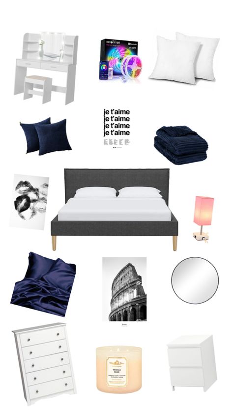 Navy, Silver, Black, and White room decor inspo aesthetic Navy White Bedroom, Bedroom Inspo Black, Black And White Room Decor, Bedroom Collage, Black And White Room, White Room Decor, White Room, Black And White Aesthetic, White Bedroom