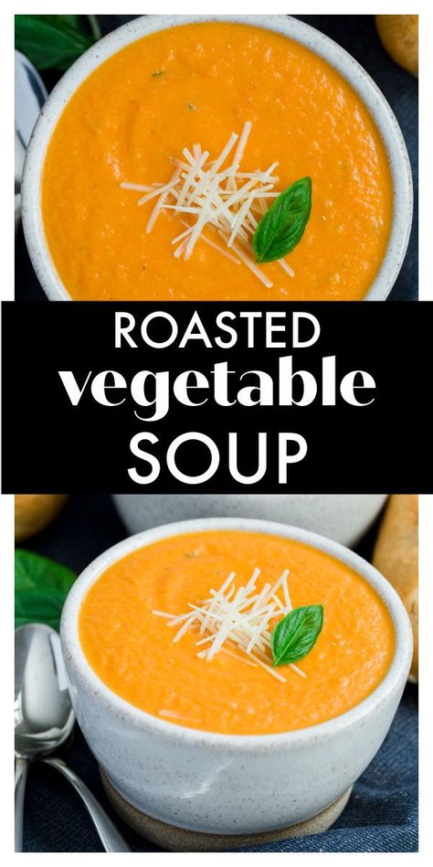 Roasted tomatoes, leeks, and carrots, give this Roasted Vegetable Soup so much flavor! A cozy and vegetarian soup that is great for a rainy afternoon or winter evening. Creamy Roasted Vegetable Soup Recipes, Creamy Tomato Vegetable Soup, Easy Tomato Vegetable Soup, Roasted Vegetable Soups, Tomato Leek Soup, Homemade Tomato Vegetable Soup, Roast Veg Soup, Roasted Veggie Tomato Soup, Roasted Tomato And Vegetable Soup