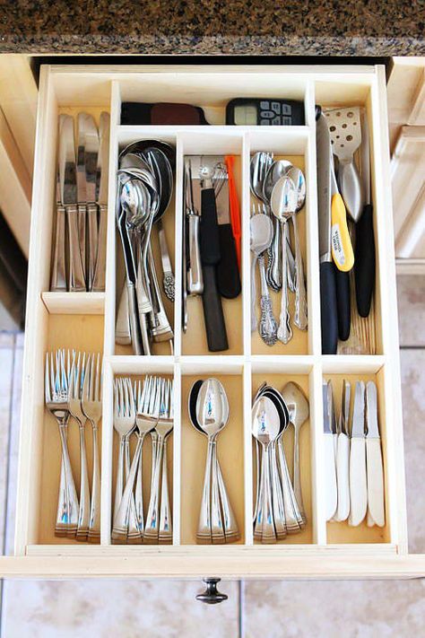 Learn more about how this drawer is the most efficient it could be here. Or try these drawer organizing strips ($17.99/package). Diy Kitchen Utensils, Kitchen Utensil Drawer Organization, Kitchen Utensil Drawer, Utensil Drawer Organization, Wood Kitchen Utensils, Diy Organizer, Utensil Drawer, Desain Pantry, Kabinet Dapur