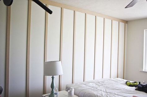 Diy Vertical Board And Batten, Vertical Trim On Walls, Board And Batten Vertical Wall, Vertical Board And Batten Wall Bedroom, Board And Batten Behind Bed, Vertical Board And Batten Wall, Behind Bed Panelling, Vertical Board And Batten, Glass Treehouse