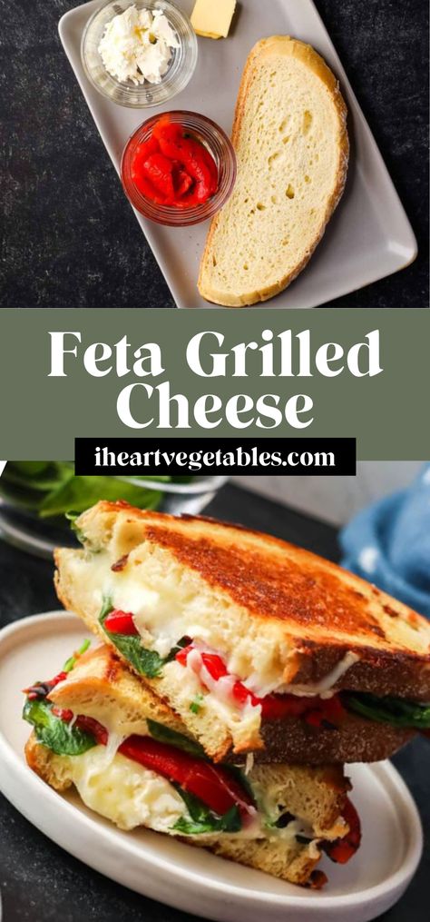 Upgrade your grilled cheese with this mouth-watering sandwich! Made with a delicious combination of tangy feta, gooey mozzarella, roasted red peppers, and fresh spinach, this grilled cheese is the perfect quick and easy meal. Feta Grilled Cheese, Grill Cheese, Caprese Sandwich, Grilled Halloumi, Best Grilled Cheese, Greek Flavors, Grilled Cheese Recipes, Fresh Spinach, Cheesy Recipes