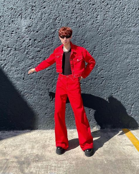 Mens Stage Outfits, Red And Black Aesthetic Outfit Men, Men Stage Outfits, Red Outfit Ideas Men, Monochromatic Outfit Red, Red Pants Men, Aesthetic Guy Outfits, Red Pants Outfit, Red And Black Outfits