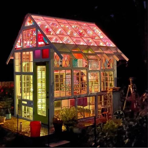 Stained Glass Window Greenhouse, Sunroom With Stained Glass Windows, Reclaimed Glass Greenhouse, Greenhouse With Stained Glass Windows, Recycled Glass Greenhouse, Greenhouse Stained Glass Windows, Upcycled Window Greenhouse, Window Pane Greenhouse, Greenhouse Made With Old Windows