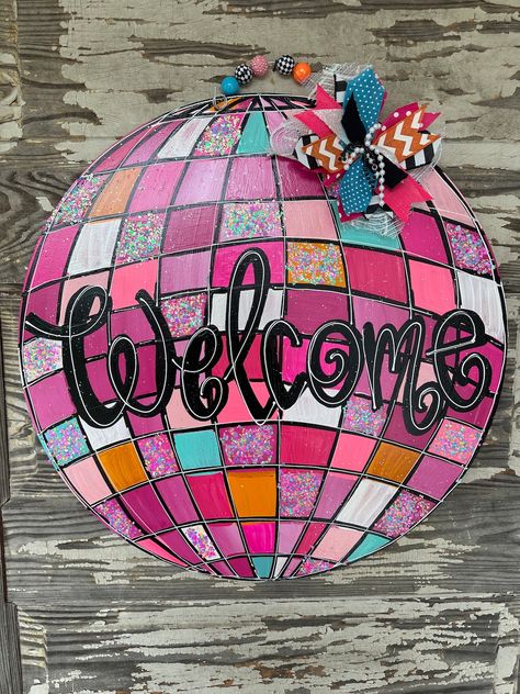 Personalized Door Hanger Disco Ball Door Hanger Spring Door - Etsy Wooden Door Hanger Cutouts, Apartment Door Hanger, Teacher Classroom Door Hanger, Door Hangers Year Round, Disco Door Hanger, Door Hanger Shapes, Disco Door Decoration, Dorm Signs Door, Dorm Door Hangers