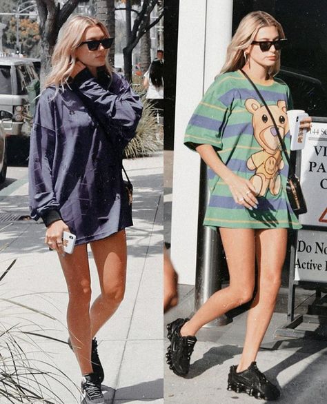 Hailee Bieber, Oversize Tshirt Outfits, Hailey Rhode, Outfit Oversize, Baggy T-shirt, T Shirt Styles, T Dress, Hailey Baldwin, Shirt Styles