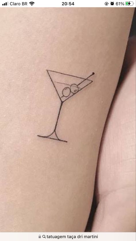 Mini Martini Glass Tattoo, Martini Fine Line Tattoo, Hospitality Tattoo Ideas, Cocktail Olive Tattoo, Martini Tattoo Design, Manhattan Cocktail Tattoo, Small Martini Glass Tattoo, Fine Line Martini Glass Tattoo, Martini Olive Tattoo