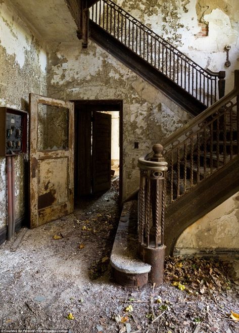 Main staircase: Nurses' Building.  One of the oldest buildings on campus, this is where "Typhoid" Mary Mallon was known to socialize during ... Stairs And Doors, Abandoned Asylums, Stair Case, This Old House, East River, Chrysler Building, Abandoned Mansions, Haunted Places, Abandoned Buildings