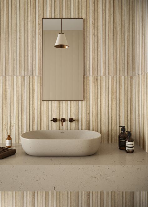 Kyoto Light Oak Slatted Wood Effect Tile | Quorn Stone Natural Bathroom Ideas, Walking Shower, Quorn Stone, Bathroom 2024, Striped Tile, Oak House, Retro Tiles, Indoor Tile, Japandi Living