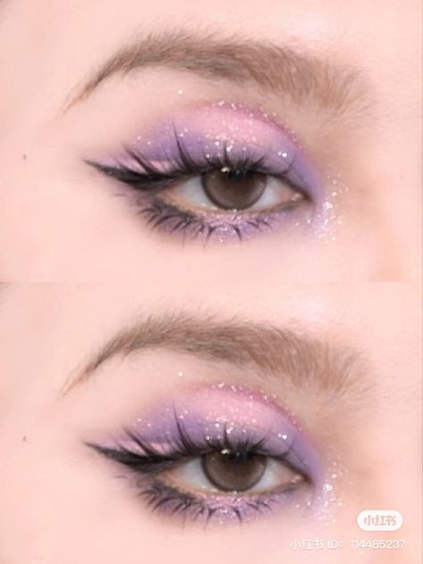 Purple Makeup Looks Asian, Dreamy Purple Makeup, Kawaii Purple Makeup, Pink And Purple Douyin Makeup, Lavander Makeup Prom, Lavender Eyeliner Looks, Lilac Douyin Makeup, Quince Makeup Ideas Natural Purple, Tangled Inspired Makeup