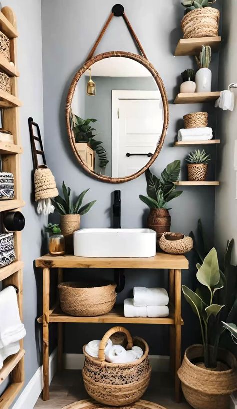 Small boho bathroom Bohemian Toilet Ideas, Sunny Bathroom Ideas, Boho Bathroom Decor Ideas On A Budget, Scandi Boho Bathroom, Boho Toilet Room, Small Bathroom Organisation, Vanity Ideas Small Bathroom, Salon Bathroom Ideas, Bathroom Vanity Ideas Small