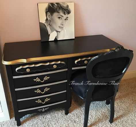 French Provincial Desk Makeover, Teenage Bedroom Ideas, Vintage French Desk, French Provincial Desk, Antique French Chairs, French Desk, Repurposing Ideas, Farmhouse Flair, Wine Bar Cabinet