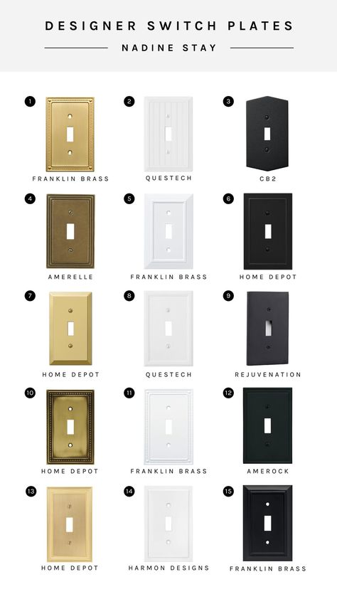 Designer switch plates are an easy and inexpensive way to elevate your room from the standard white outlet and switch covers. Simple home improvements that make a big impact. I rounded up 15 of my favorite designer outlet and switch covers in brass, black, and white. | Nadine Stay #outletcovers #switchcover #wallplates #brassoutletcover #brassswitchcover #brasswallplate #easyDIY #easyhomeupgrade #homeupgrades #vintageart #slatwall Black Outlet Covers, Black Light Switch, Modern Light Switches, Designer Light Switches, Wall Outlet Covers, Vintage Light Switches, Easy Weekend Projects, Electrical Outlet Covers, Wall Switch Plates