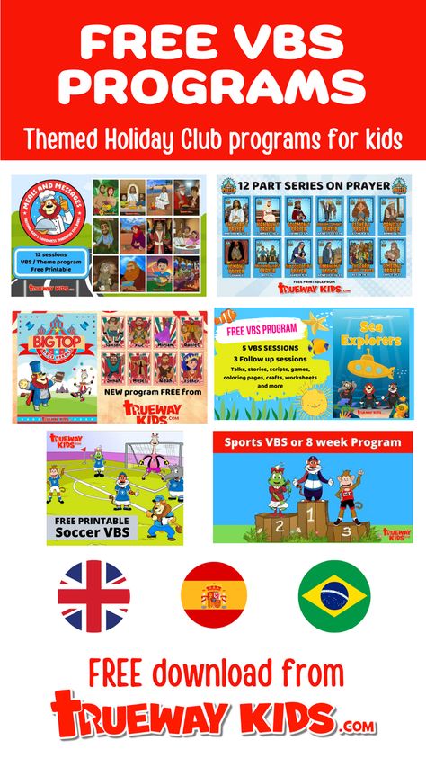 Explore Trueway Kids' FREE VBS themes for church, home, or community use, available in English, Spanish, and Portuguese. Themes include Prayer Series, Meals and Messages, Big Top Bible Heroes, and more. Each session offers Bible lessons, skits, worksheets, games, crafts, and recipes. Download now to bring the Bible to life this summer!

#VBS2024 #TruewayKids #SummerPrograms #ChildrensMinistry #FreeResources Sports Vbs, Homeschool Bible Curriculum, Trueway Kids, Bible Heroes, Church Home, Vbs Themes, Kids Hero, Club Soccer, Holiday Club