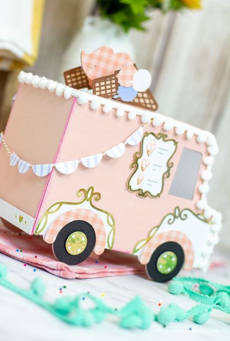 3d Paper Food Truck, Ice Cream Truck Valentines Boxes, Cricut 3d Cards, 3d Paper Crafts Templates Free Printable, Paper Ice Cream Crafts, Cricut 3d Projects, Ice Cream Ideas, Craft Ice Cream, Cool Crafts For Kids