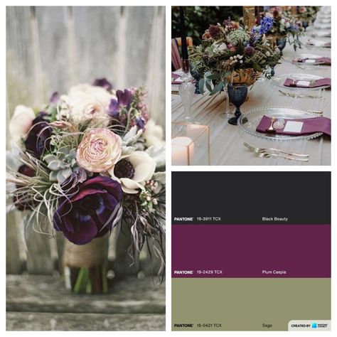 Sage Green Black Wedding, Ivory Sage Wedding, Green Black Wedding, Plum Color Palette, Slate Blue Wedding, Wedding Color Ideas, Gold Color Palettes, Gold Candle Sticks, Palette Ideas