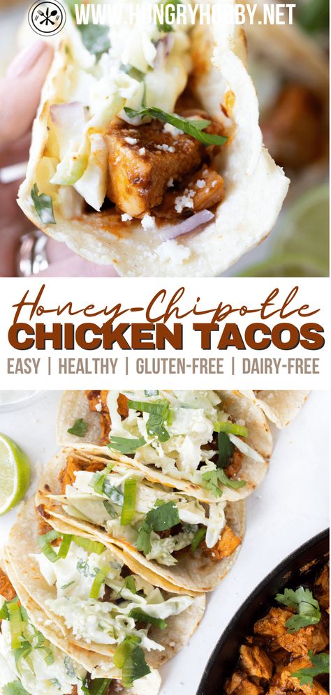 Firey hot with a hint of sweet honey chicken tacos, top with a cilantro-lime slaw to cool things down a bit and add a delicious crunch! Hot Honey Chicken Tacos, Honey Chicken Tacos, Sweet Honey Chicken, Honey Chipotle Chicken Tacos, Chipotle Chicken Tacos, Burrito Recipes, Honey Chipotle Chicken, Lime Slaw, Cilantro Lime Slaw